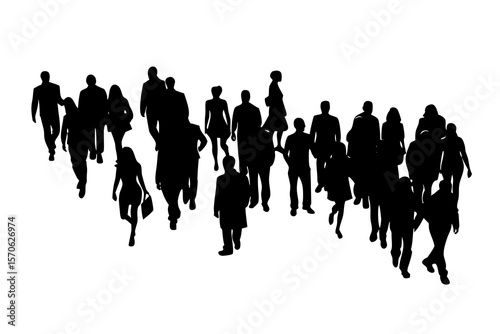 Crowd of People Walking, Black Silhouettes on White