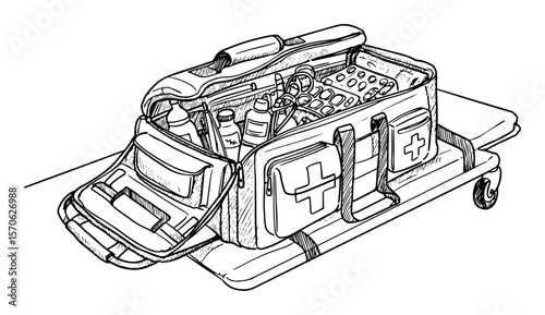 open paramedic first aid bag on stretcher sketch illustration