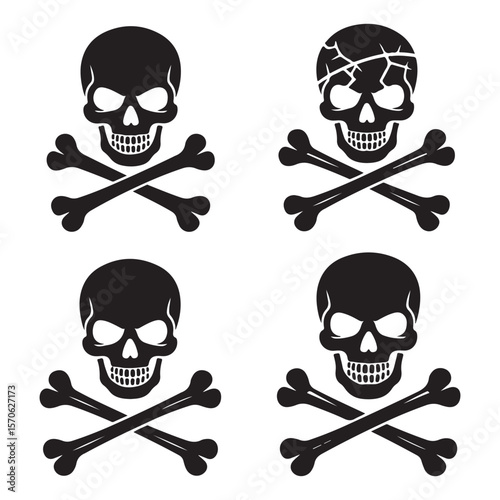 Set of Skull and Crossbones Silhouettes Isolated on White Background