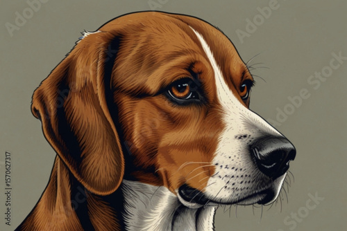 Illustration of a beagle dog with brown and white fur in a side profile against a neutral background created with generated ai