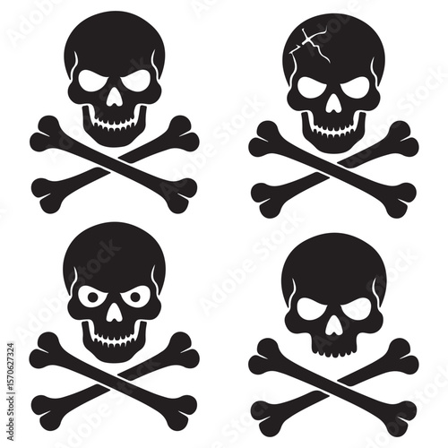 Set of Skull and Crossbones Silhouettes Isolated on White Background