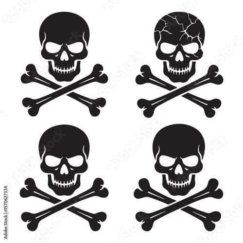 Set of Skull and Crossbones Silhouettes Isolated on White Background