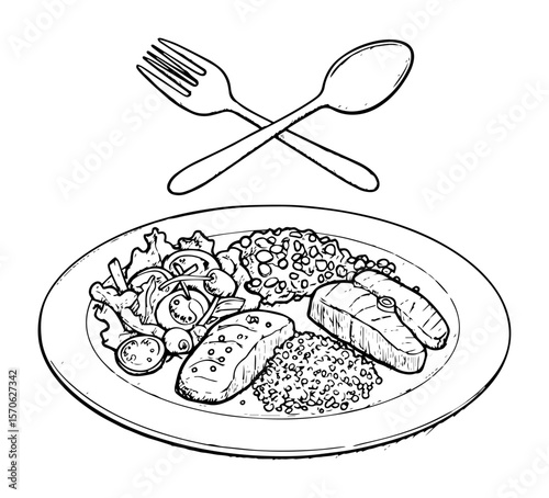 healthy meal on plate with fork and spoon line art
