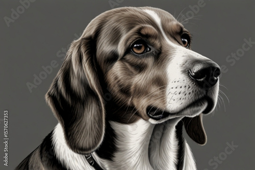 A detailed portrait of a beagle dog with a thoughtful expression against a neutral gray background created with generated ai