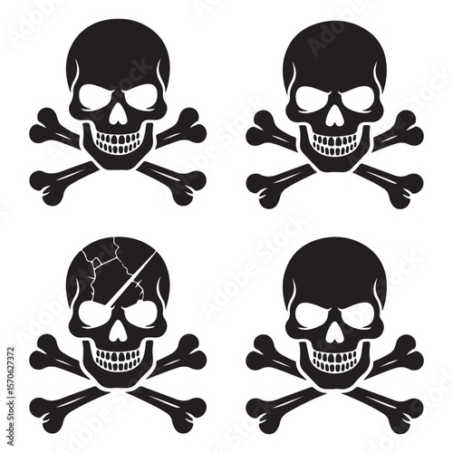 Set of Skull and Crossbones Silhouettes Isolated on White Background