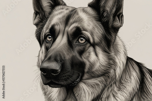 Detailed monochrome portrait of a german shepherd dog with expressive eyes and attentive gaze looking ahead created with generated ai