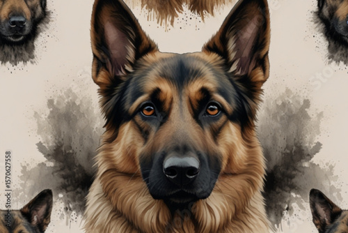 Watercolor style german shepherd dog portrait pattern with multiple dog faces and neutral background created with generated ai