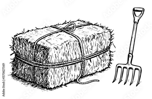 hay bale and pitchfork farm vector illustration