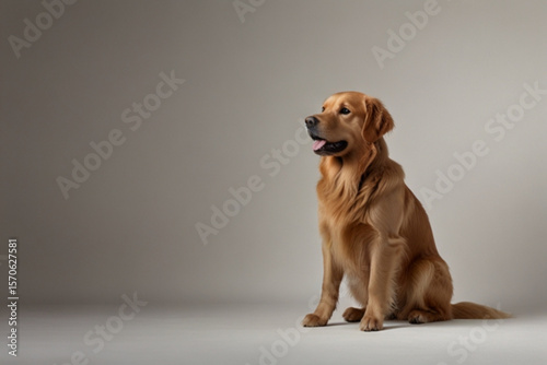 Golden retriever sitting attentively in a studio with a neutral background looking to the side created with generated ai
