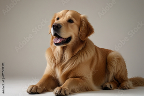 Golden retriever lying down with its tongue out looking to the side in a studio setting with soft lighting created with generated ai
