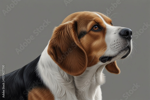 Close up portrait of a beagle dog with brown and white fur looking up with a grey background color created with generated ai