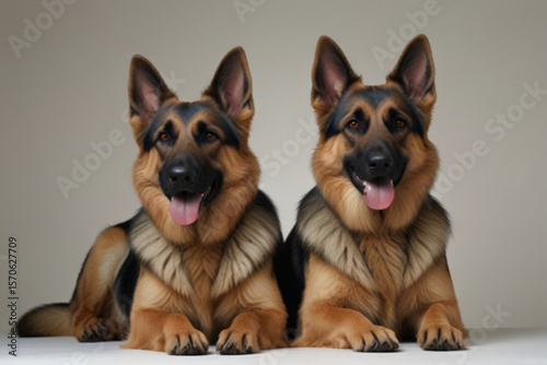 Two german shepherd dogs lying down side by side with their tongues out in a studio setting looking forward created with generated ai