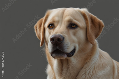 Close up portrait of a golden labrador retriever with a soft expression on a grey background image created with generated ai