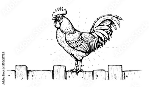 rooster crowing on a wooden fence farm animal vector sketch