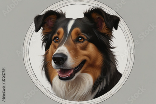 Close up portrait of a collie dog with brown and black fur inside a circular frame on a grey background created with generated ai