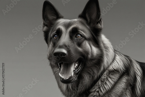 Close up of a black and white german shepherd with its mouth open looking slightly to the left side created with generated ai