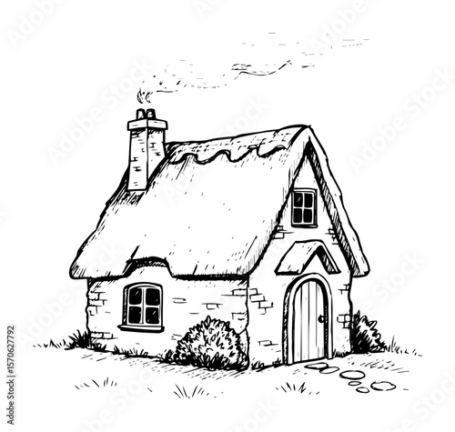 cozy fairytale cottage with a thatched roof vector sketch