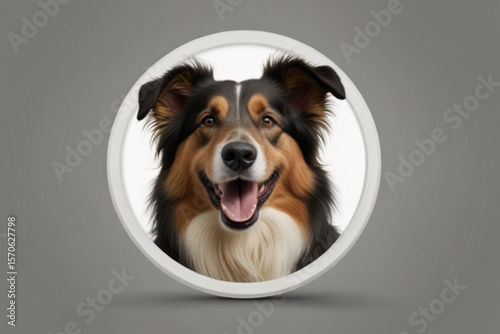 Portrait of a smiling collie dog with brown and black fur inside a white circular frame design element created with generated ai