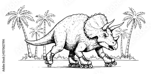 funny triceratops dinosaur on roller skates sketch