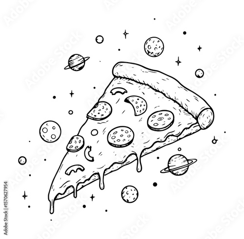 slice of pizza with planets and stars line art