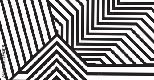 Striking black and white geometric pattern features an array of sharp lines and angular shapes, creating a visually engaging abstract composition with modern and dynamic feel