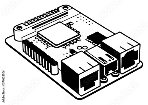 Black and white outline illustration of a raspberry pi single-board computer with transparent background.