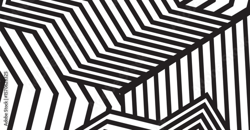 Monochrome optical pattern presents a dynamic visual experience through its contrast of sharp angular lines in black and white creating a visually engaging graphic design.