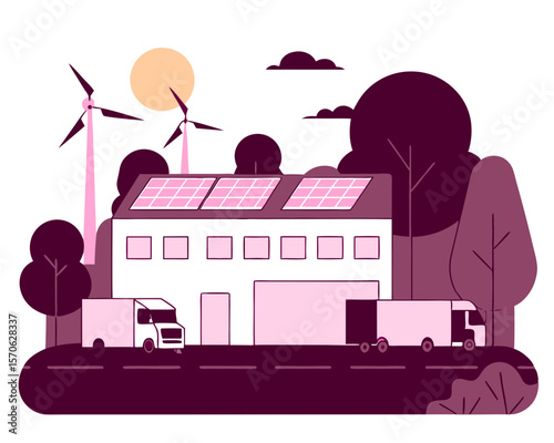 Clean energy logistics illustrated depicting eco-friendly warehouse with solar panels and wind turbines next to transportation trucks