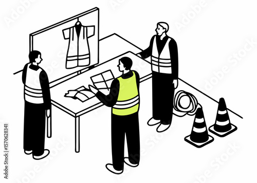 Construction crew meeting with safety gear examining blueprints and planning road maintenance procedures