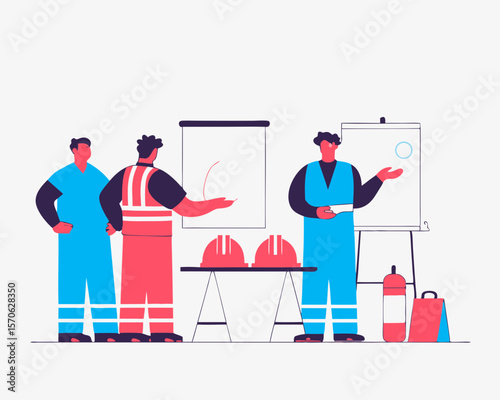 Construction team members discussing safety procedures during a presentation with flip charts and equipment