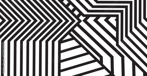 This captivating abstract image showcases a stark black and white contrast, featuring bold, geometric patterns, dynamic linear compositions, and an intriguing optical illusion design.