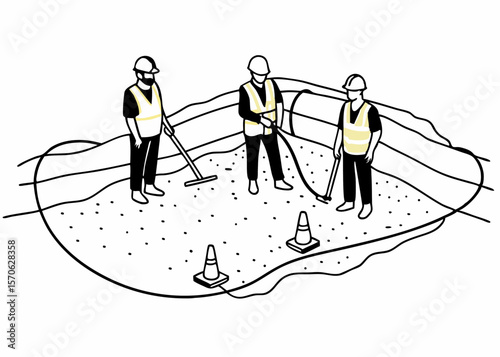 Construction workers at work with tools and safety cones performing groundwork on a white background