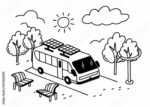 Eco-friendly campervan with solar panels and nature elements depicted in a simplified line art illustration