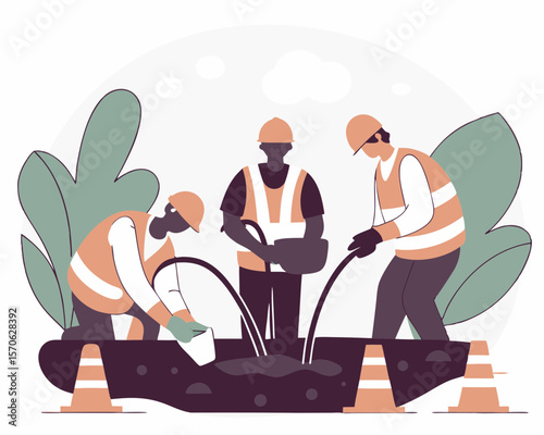 Construction workers repairing road with safety gear and cones in a flat style illustration suitable for various projects.