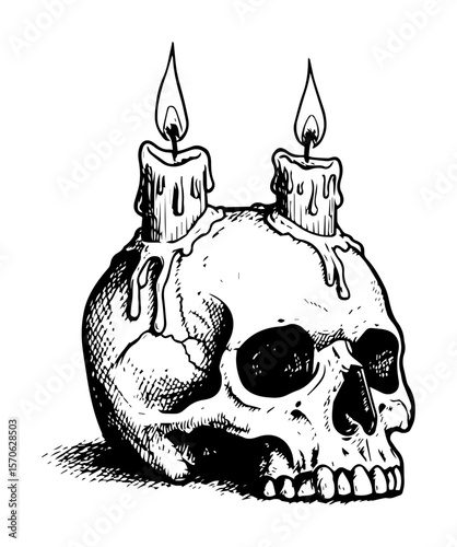 human skull with two burning candles gothic sketch