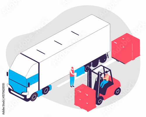 Isometric illustration of logistics and transportation depicting truck and forklift loading operations on a gray surface