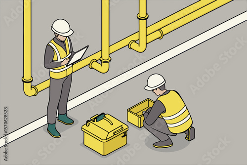 Isometric illustration of two engineers inspecting pipes and equipment in a service area with safety attire