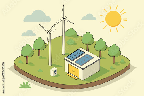 Isometric illustration of sustainable energy sources depicting wind turbines solar panels and environmental preservation