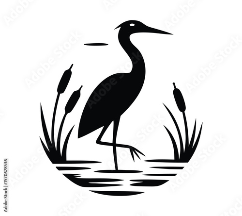 Wading Bird in Marsh, Circle Conservation Logo, Vintage Heron and Cattails Illustration  Nature Emblem

