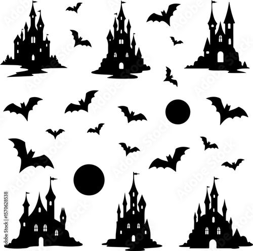  Halloween castle, haunted, spooky,, silhouette,  vector bundle
