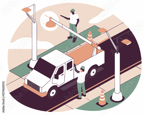 Isometric illustration of two workers near a tow truck in a road repair scenario representing construction or maintenance.