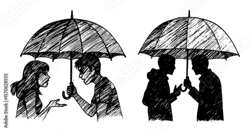 couples arguing under umbrella relationship conflict sketch