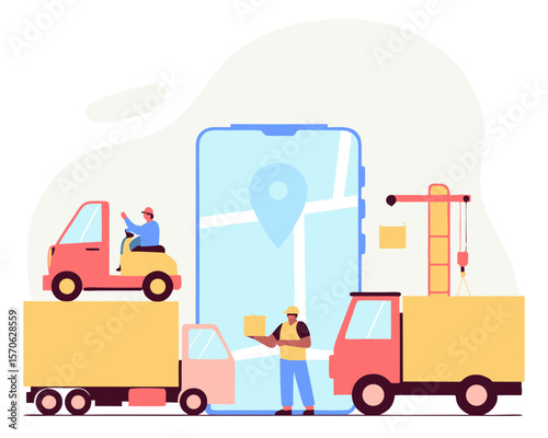 Logistics and delivery service illustration featuring a phone with map, trucks, and workers on a white background