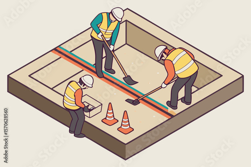 Isometric view of construction workers laying cables with cones and safety vests on a white background
