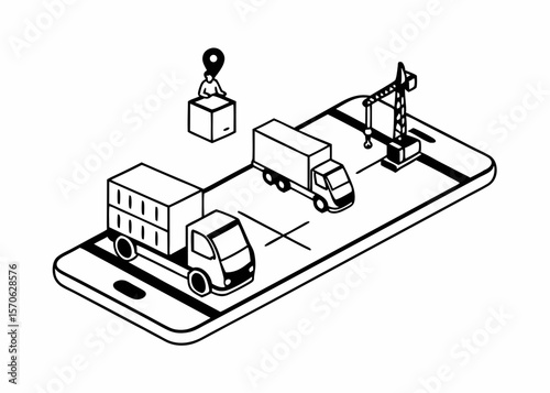 Logistics and delivery concept illustrated with isometric trucks and a smartphone design suitable for various design projects