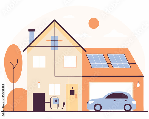 Modern eco friendly home illustrated depicting renewable energy with solar panels and electric car for a sustainable future