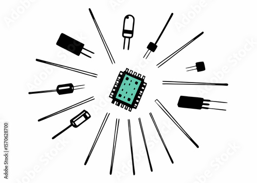 Vector illustration of various electronic components and microchip radiating outwards with hand drawn style.