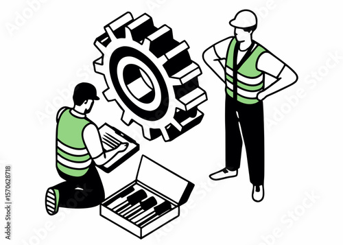 Vector illustration of two construction workers examining a large gear and tools with transparent background