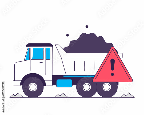 Warning symbol and overloaded dump truck illustration with a flat design on white background