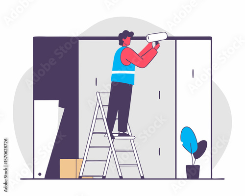 Vector illustration of a man painting a wall using a paint roller on a white background
